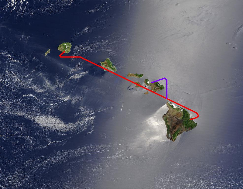 Imagen: Ruta del vuelo 243 Aloha. En rojo la ruta original y en morado el desvió que tomó finalmente. Wikimedia Commons